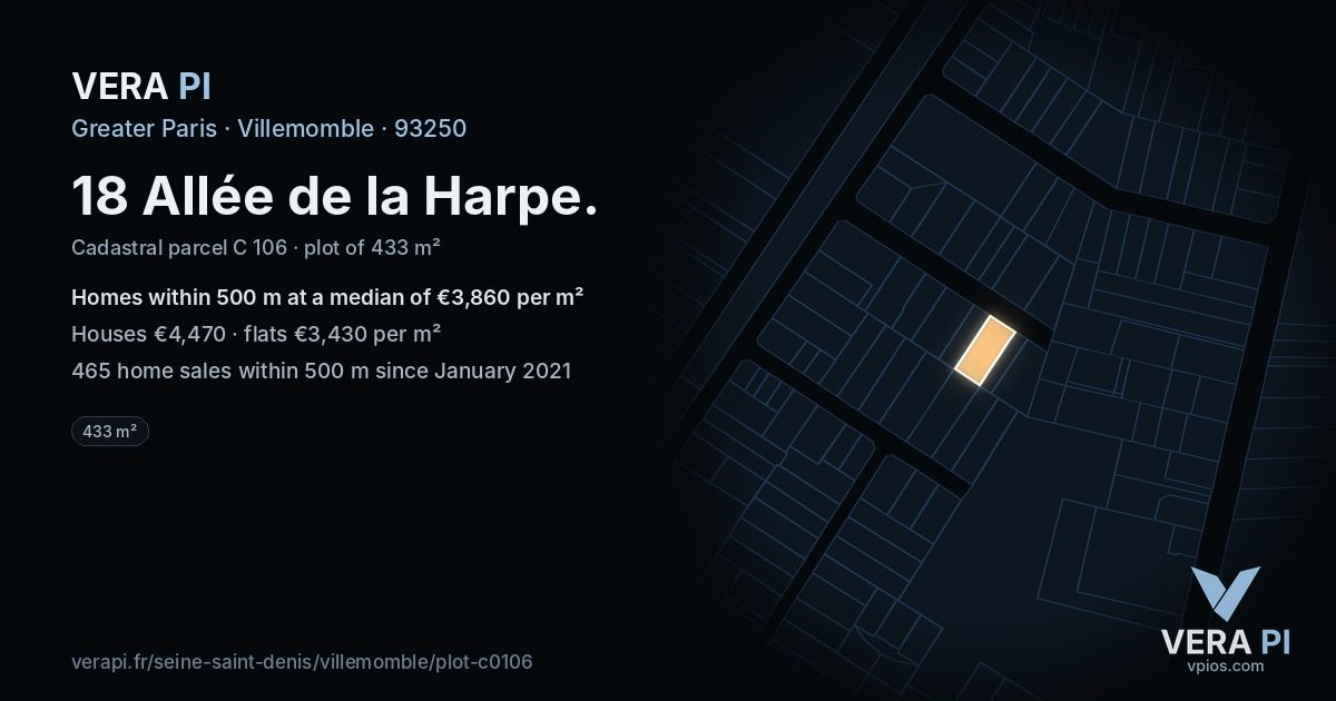 18 Allée de la Harpe, Villemomble at night – the plot lit, the parcels around coloured by the prices near them