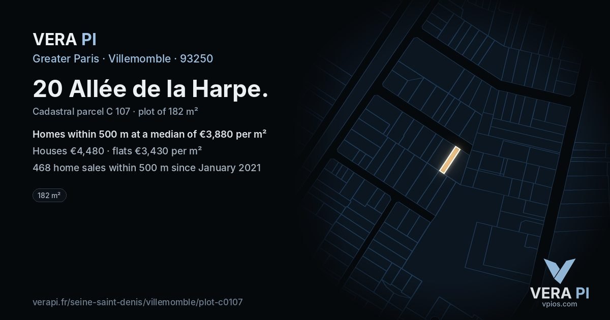 20 Allée de la Harpe, Villemomble at night – the plot lit, the parcels around coloured by the prices near them