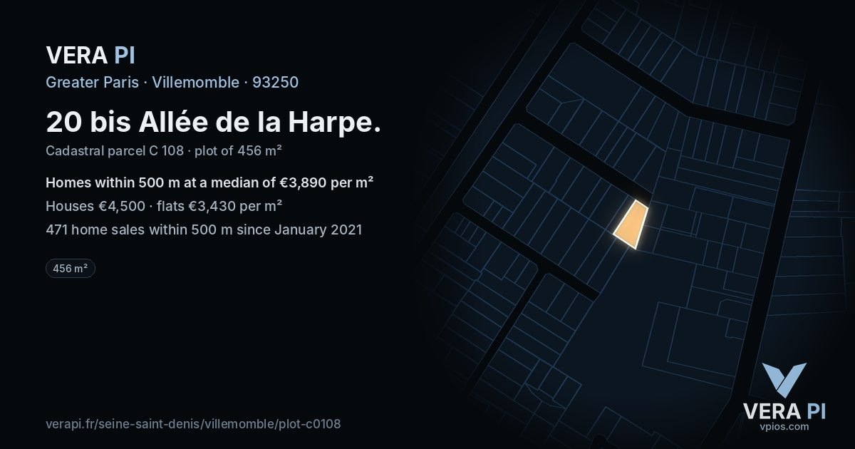 20 bis Allée de la Harpe, Villemomble at night – the plot lit, the parcels around coloured by the prices near them