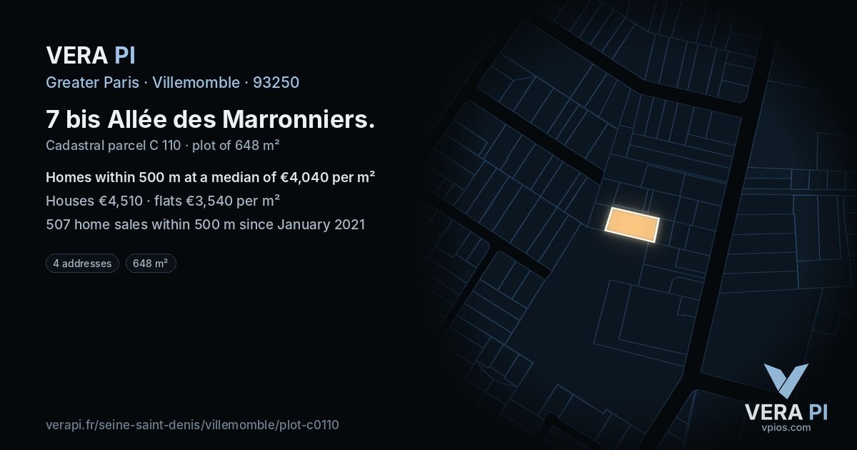 7 bis Allée des Marronniers, Villemomble at night – the plot lit, the parcels around coloured by the prices near them