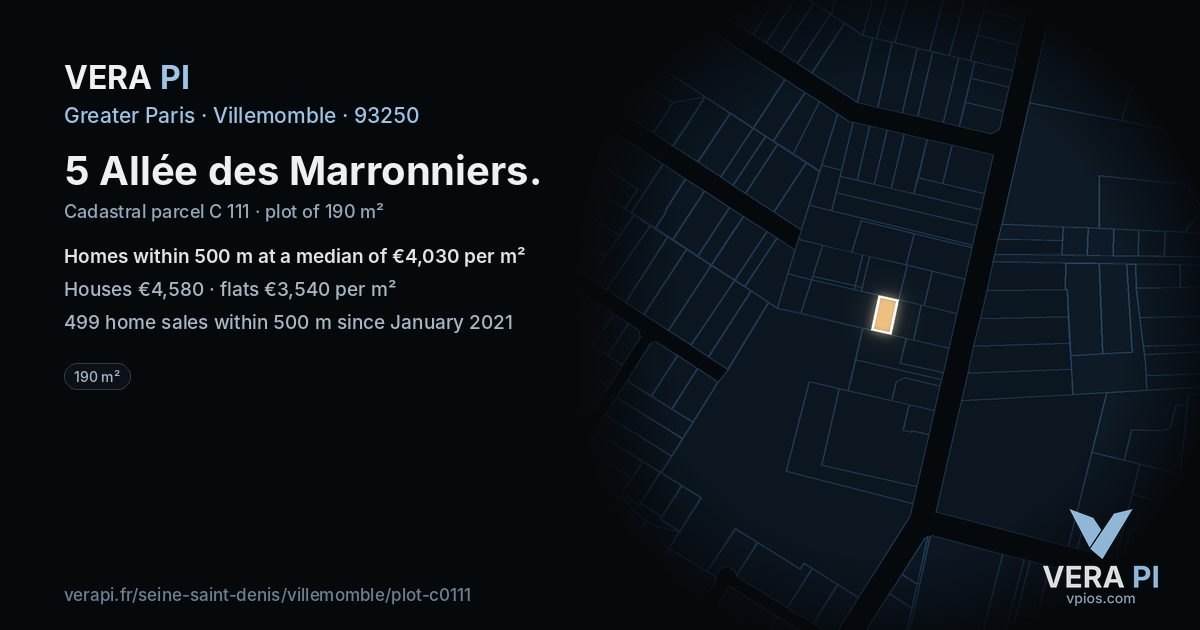 5 Allée des Marronniers, Villemomble at night – the plot lit, the parcels around coloured by the prices near them