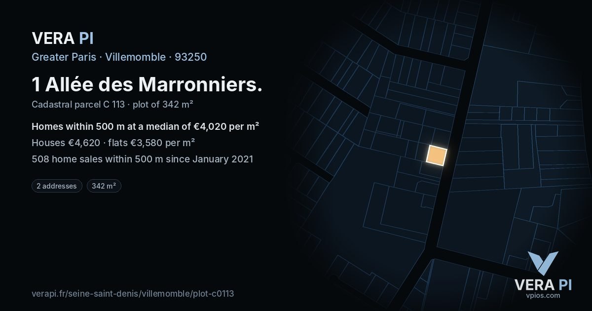 1 Allée des Marronniers, Villemomble at night – the plot lit, the parcels around coloured by the prices near them