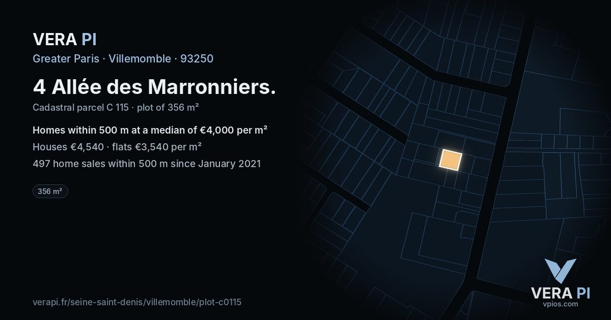 4 Allée des Marronniers, Villemomble at night – the plot lit, the parcels around coloured by the prices near them