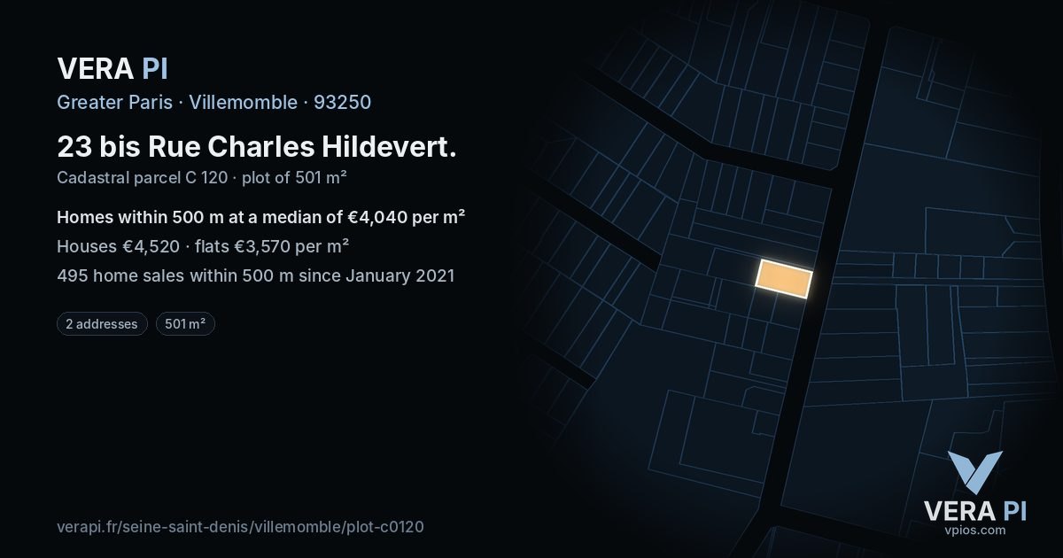 23 bis Rue Charles Hildevert, Villemomble at night – the plot lit, the parcels around coloured by the prices near them
