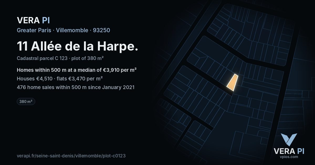 11 Allée de la Harpe, Villemomble at night – the plot lit, the parcels around coloured by the prices near them