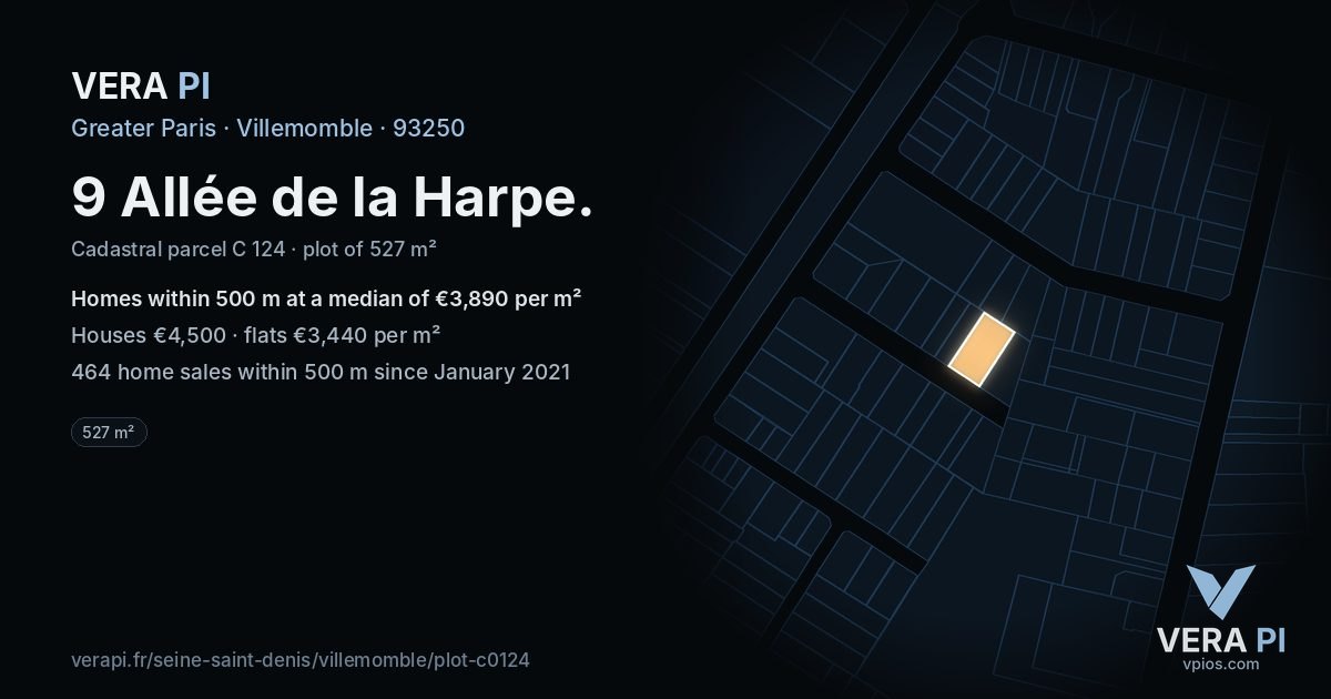 9 Allée de la Harpe, Villemomble at night – the plot lit, the parcels around coloured by the prices near them