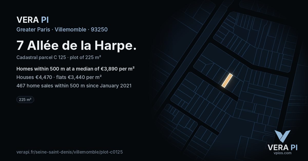 7 Allée de la Harpe, Villemomble at night – the plot lit, the parcels around coloured by the prices near them
