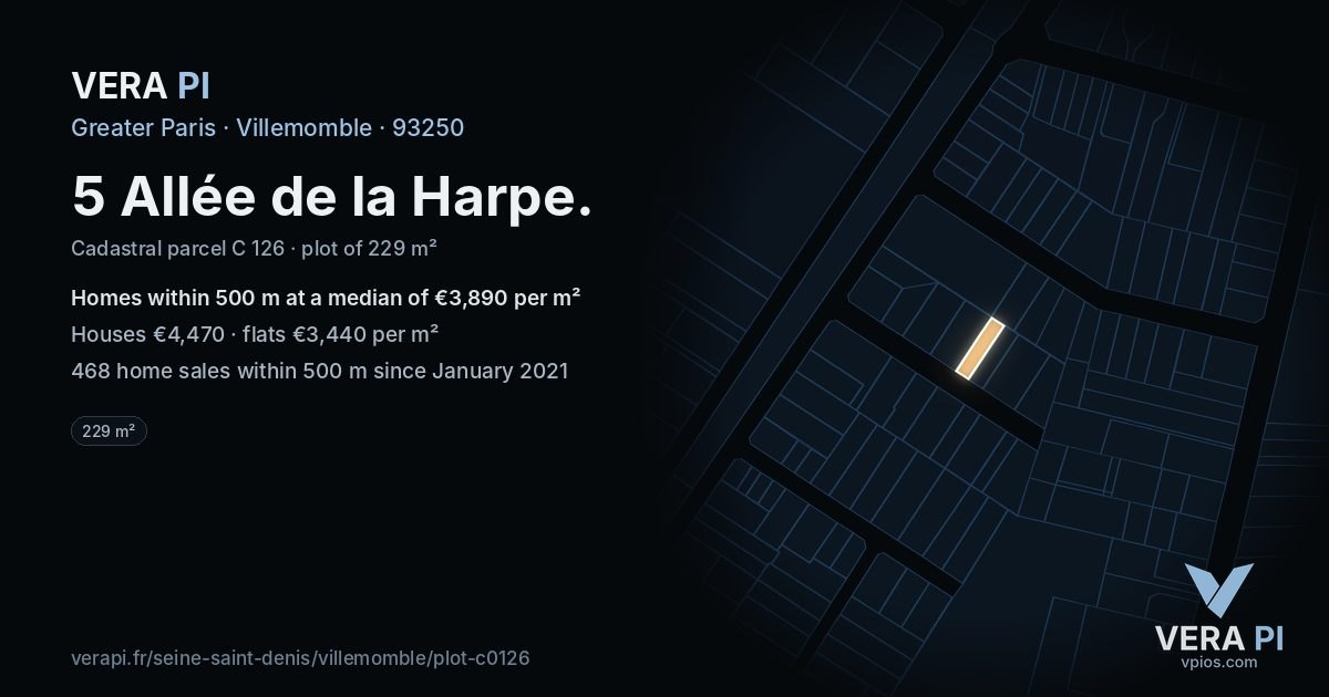 5 Allée de la Harpe, Villemomble at night – the plot lit, the parcels around coloured by the prices near them