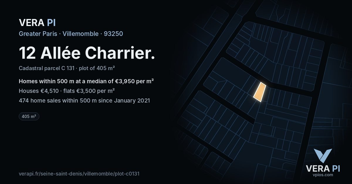 12 Allée Charrier, Villemomble at night – the plot lit, the parcels around coloured by the prices near them