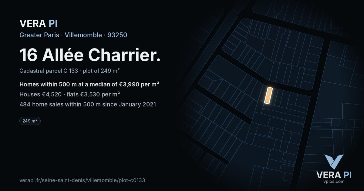 16 Allée Charrier, Villemomble at night – the plot lit, the parcels around coloured by the prices near them