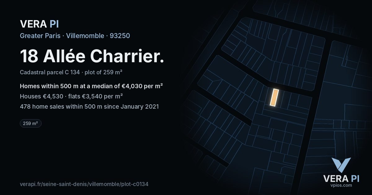 18 Allée Charrier, Villemomble at night – the plot lit, the parcels around coloured by the prices near them