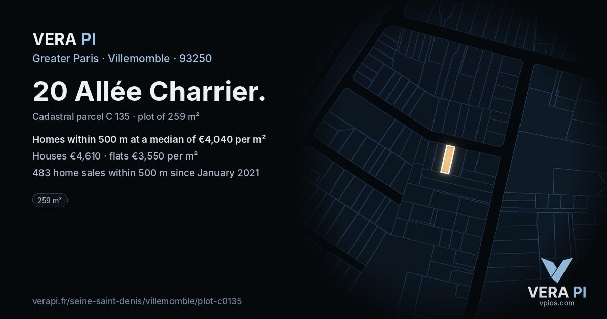 20 Allée Charrier, Villemomble at night – the plot lit, the parcels around coloured by the prices near them