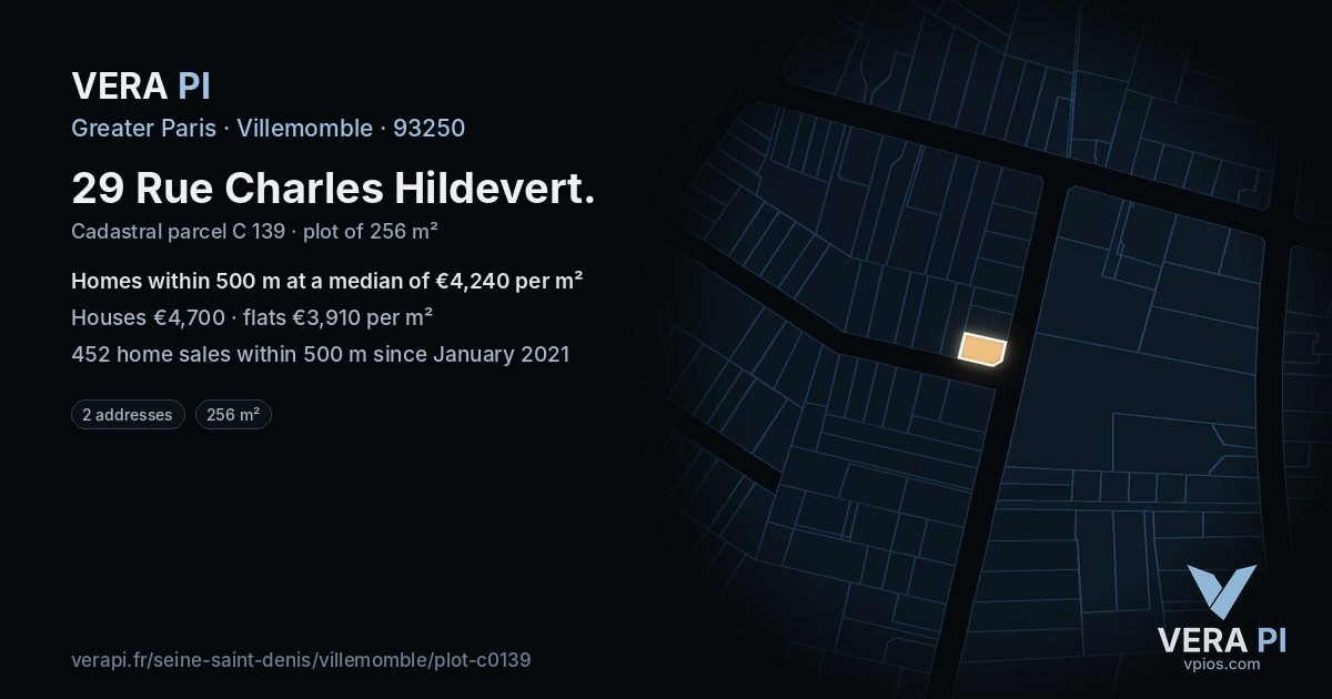 29 Rue Charles Hildevert, Villemomble at night – the plot lit, the parcels around coloured by the prices near them