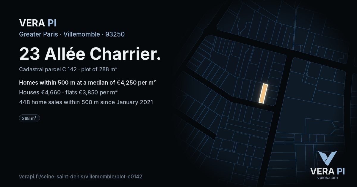 23 Allée Charrier, Villemomble at night – the plot lit, the parcels around coloured by the prices near them