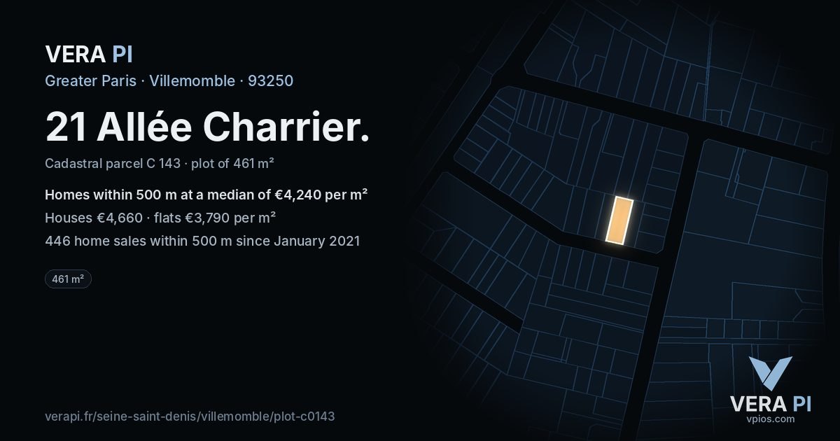 21 Allée Charrier, Villemomble at night – the plot lit, the parcels around coloured by the prices near them