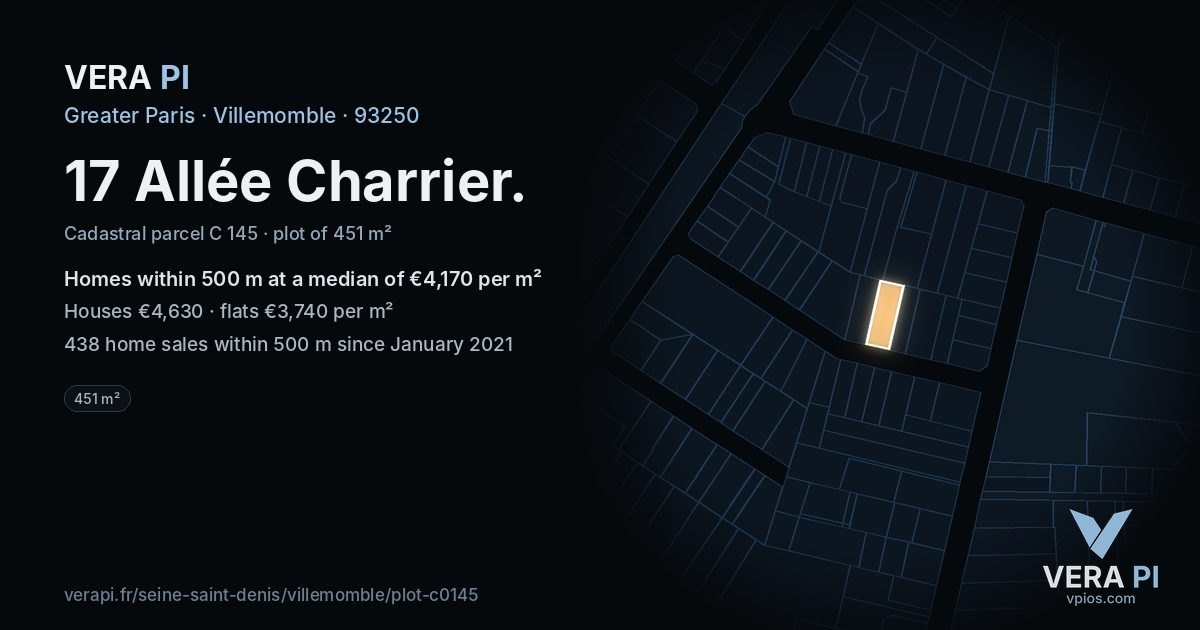 17 Allée Charrier, Villemomble at night – the plot lit, the parcels around coloured by the prices near them