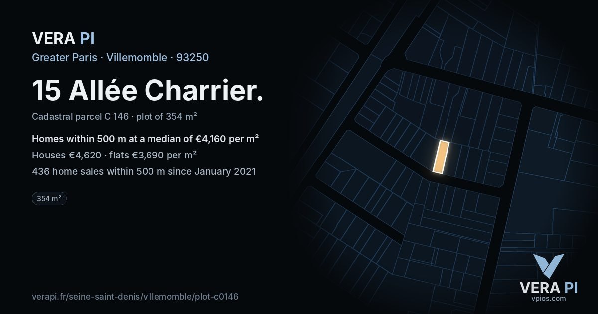 15 Allée Charrier, Villemomble at night – the plot lit, the parcels around coloured by the prices near them