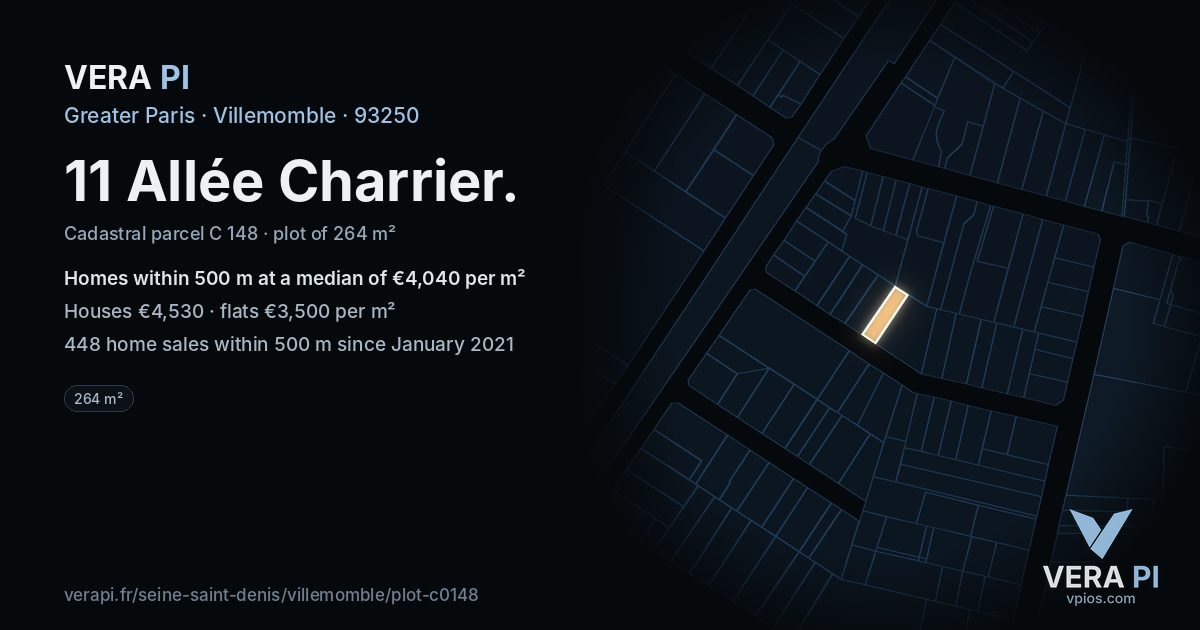 11 Allée Charrier, Villemomble at night – the plot lit, the parcels around coloured by the prices near them