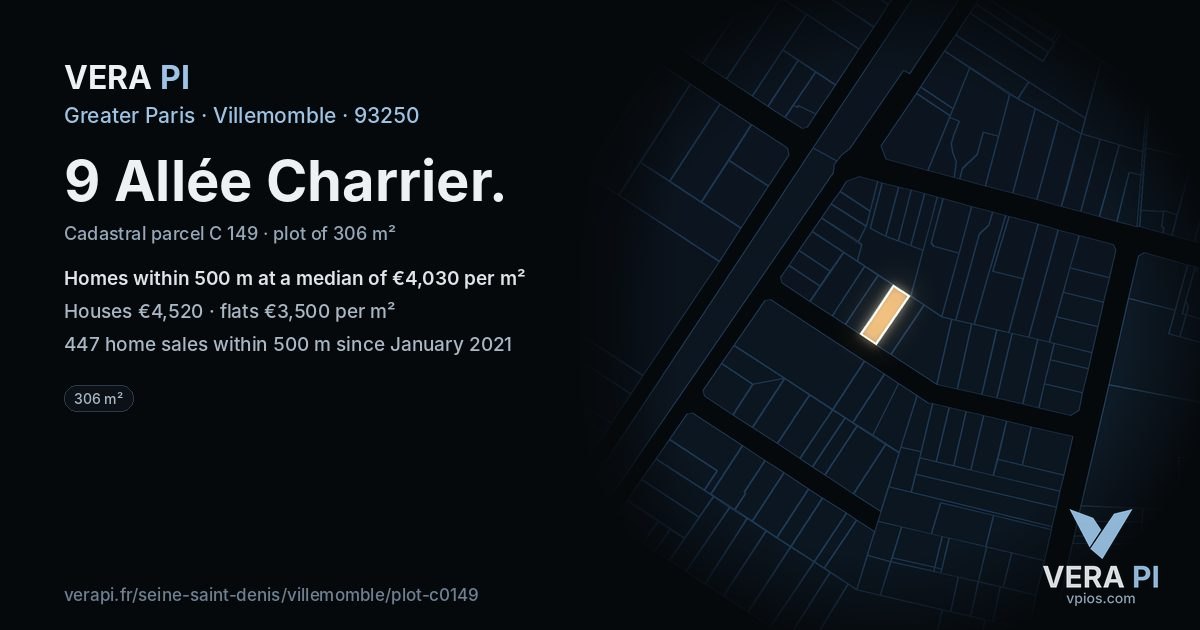9 Allée Charrier, Villemomble at night – the plot lit, the parcels around coloured by the prices near them