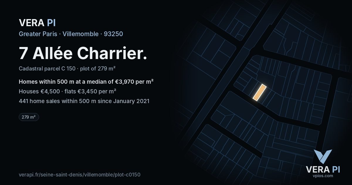7 Allée Charrier, Villemomble at night – the plot lit, the parcels around coloured by the prices near them