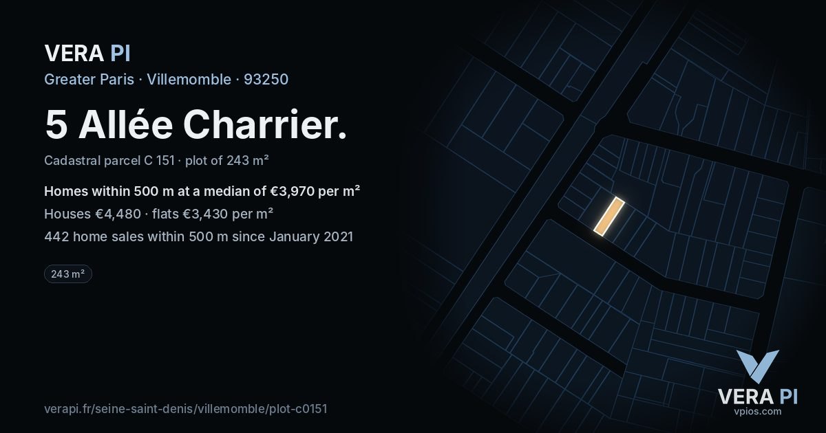 5 Allée Charrier, Villemomble at night – the plot lit, the parcels around coloured by the prices near them