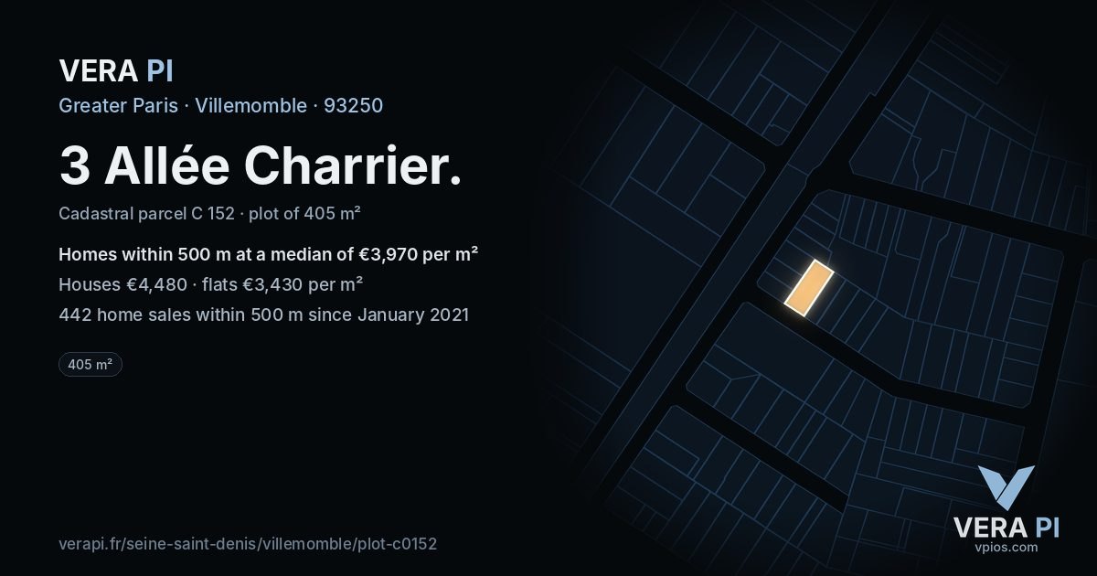 3 Allée Charrier, Villemomble at night – the plot lit, the parcels around coloured by the prices near them