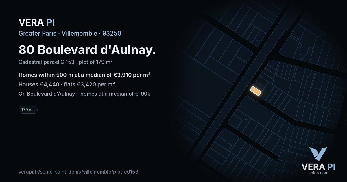80 Boulevard d'Aulnay, Villemomble at night – the plot lit, the parcels around coloured by the prices near them