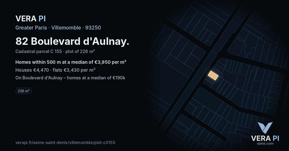 82 Boulevard d'Aulnay, Villemomble at night – the plot lit, the parcels around coloured by the prices near them