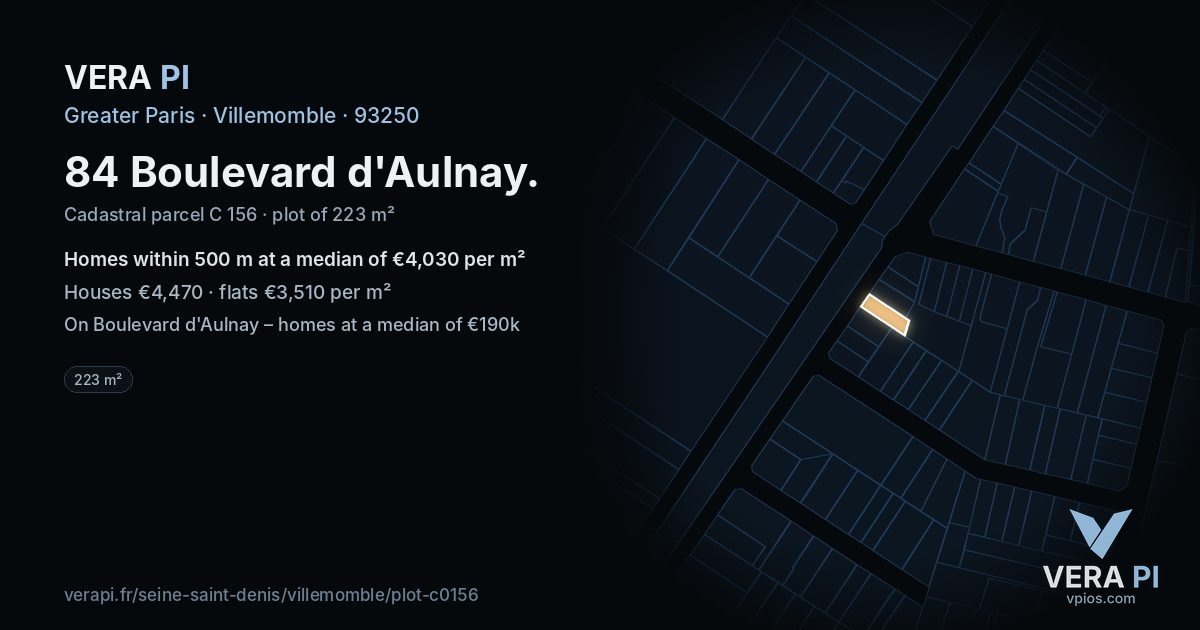84 Boulevard d'Aulnay, Villemomble at night – the plot lit, the parcels around coloured by the prices near them
