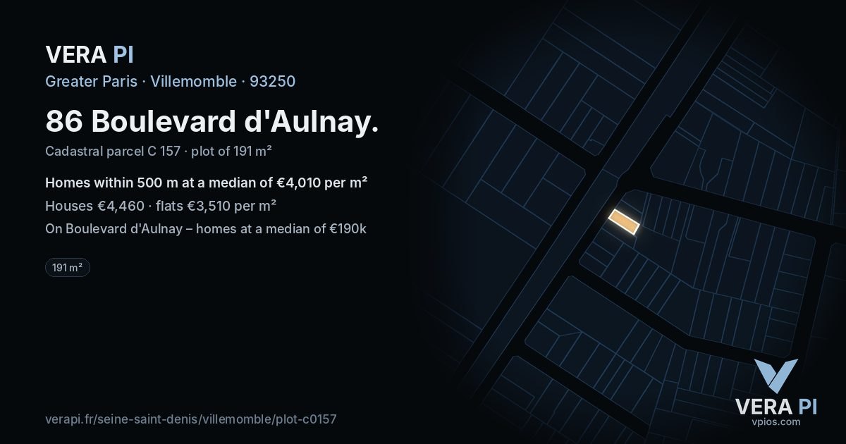 86 Boulevard d'Aulnay, Villemomble at night – the plot lit, the parcels around coloured by the prices near them
