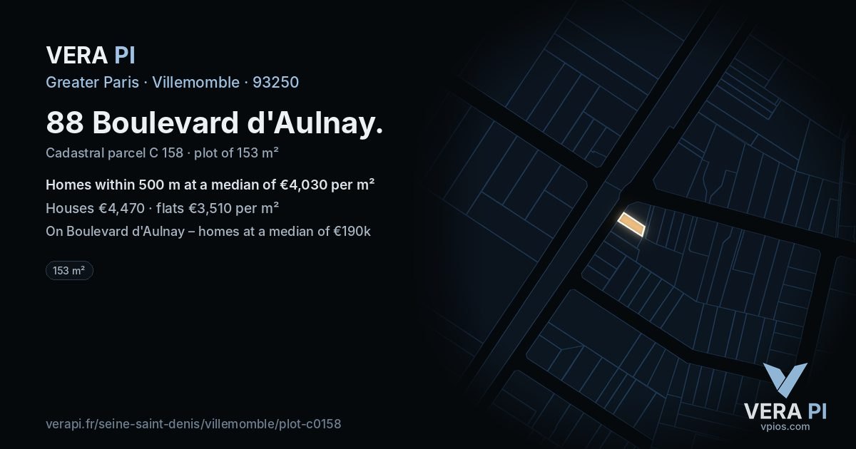 88 Boulevard d'Aulnay, Villemomble at night – the plot lit, the parcels around coloured by the prices near them