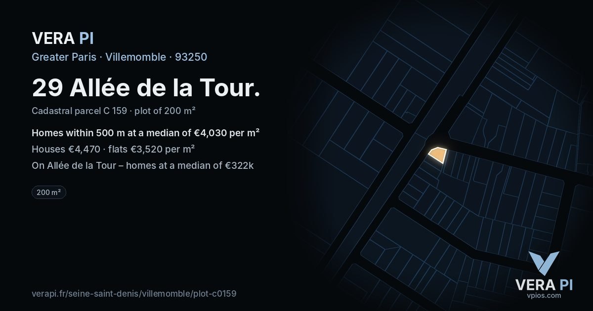 29 Allée de la Tour, Villemomble at night – the plot lit, the parcels around coloured by the prices near them