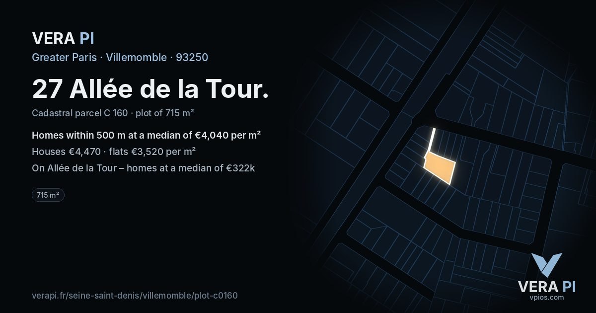 27 Allée de la Tour, Villemomble at night – the plot lit, the parcels around coloured by the prices near them