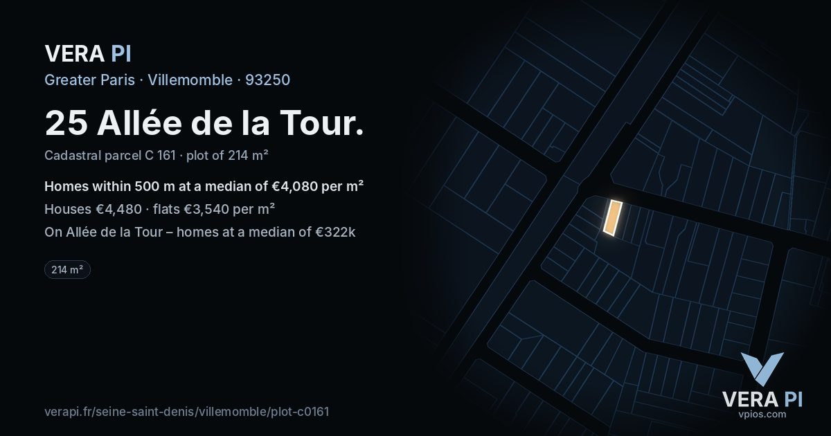 25 Allée de la Tour, Villemomble at night – the plot lit, the parcels around coloured by the prices near them