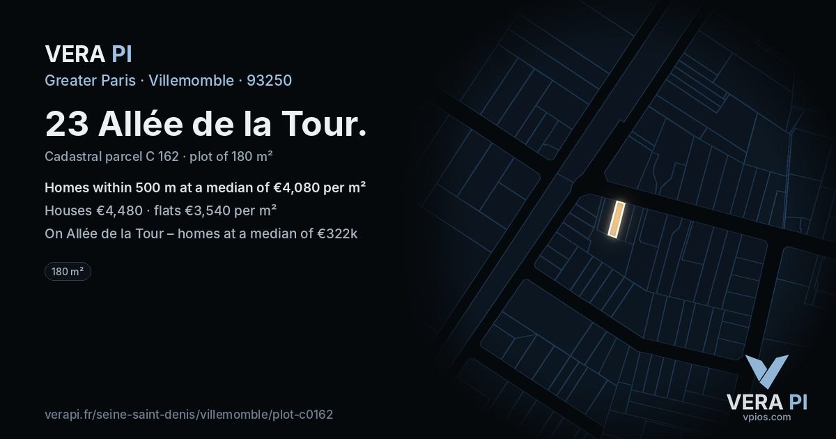 23 Allée de la Tour, Villemomble at night – the plot lit, the parcels around coloured by the prices near them