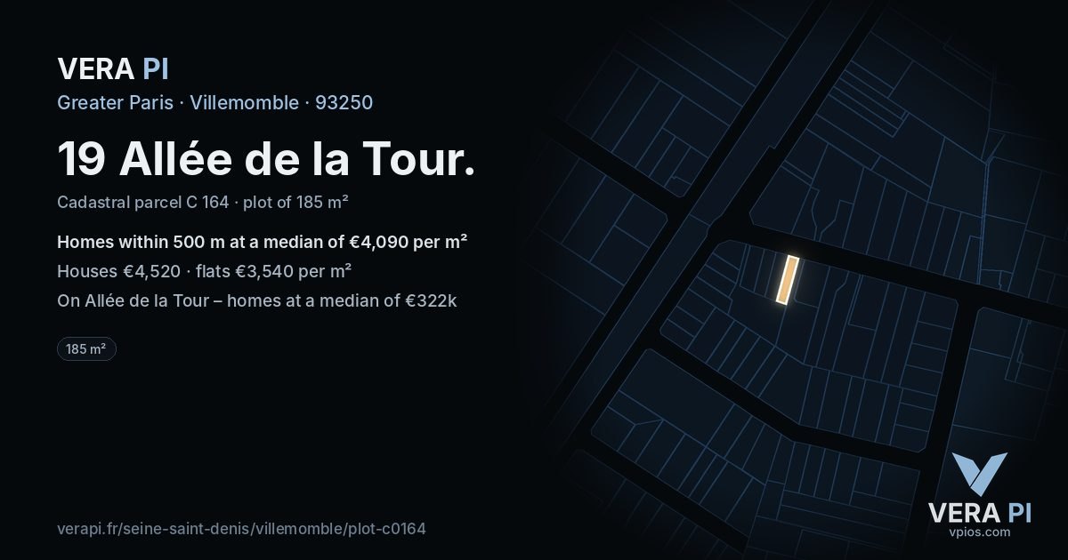 19 Allée de la Tour, Villemomble at night – the plot lit, the parcels around coloured by the prices near them