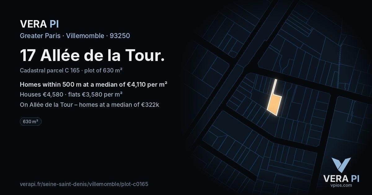 17 Allée de la Tour, Villemomble at night – the plot lit, the parcels around coloured by the prices near them