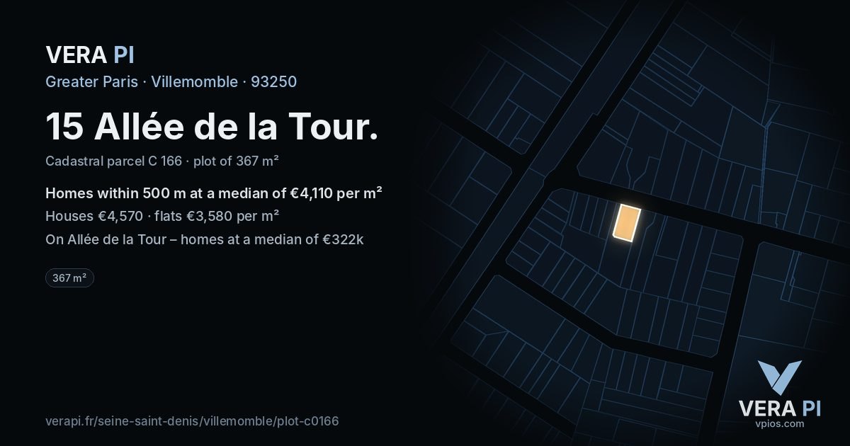 15 Allée de la Tour, Villemomble at night – the plot lit, the parcels around coloured by the prices near them