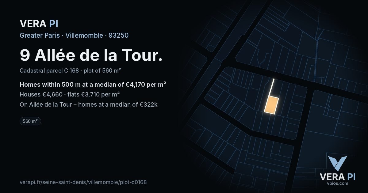 9 Allée de la Tour, Villemomble at night – the plot lit, the parcels around coloured by the prices near them
