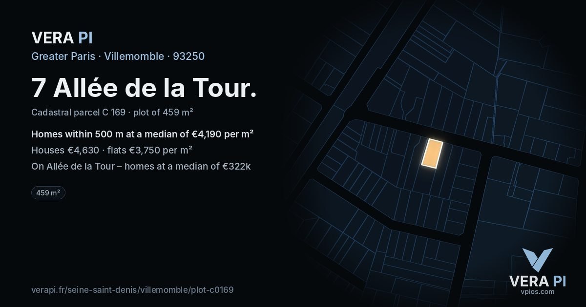 7 Allée de la Tour, Villemomble at night – the plot lit, the parcels around coloured by the prices near them