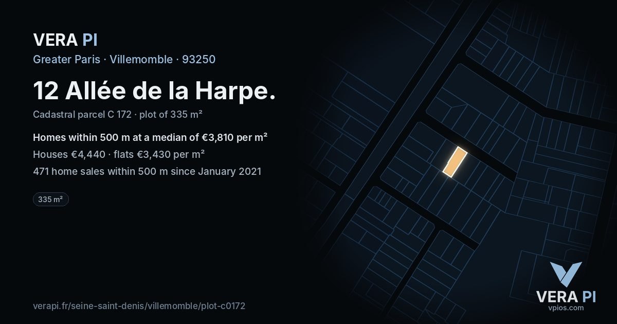12 Allée de la Harpe, Villemomble at night – the plot lit, the parcels around coloured by the prices near them