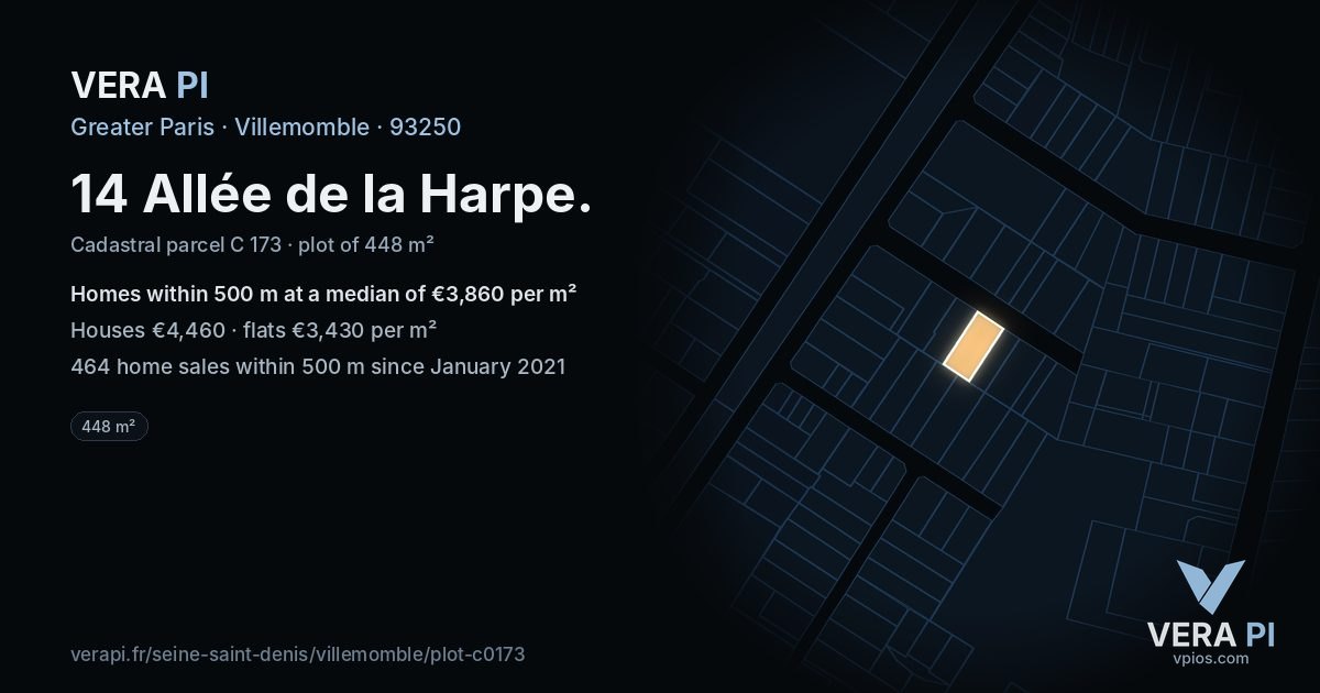 14 Allée de la Harpe, Villemomble at night – the plot lit, the parcels around coloured by the prices near them