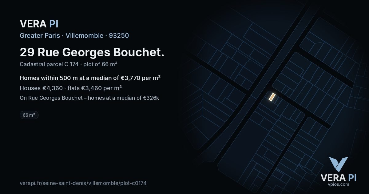 29 Rue Georges Bouchet, Villemomble at night – the plot lit, the parcels around coloured by the prices near them