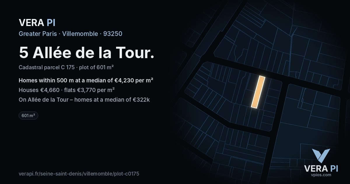 5 Allée de la Tour, Villemomble at night – the plot lit, the parcels around coloured by the prices near them