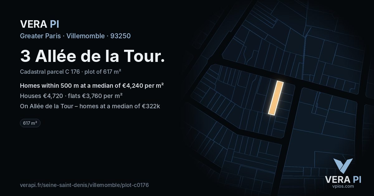 3 Allée de la Tour, Villemomble at night – the plot lit, the parcels around coloured by the prices near them
