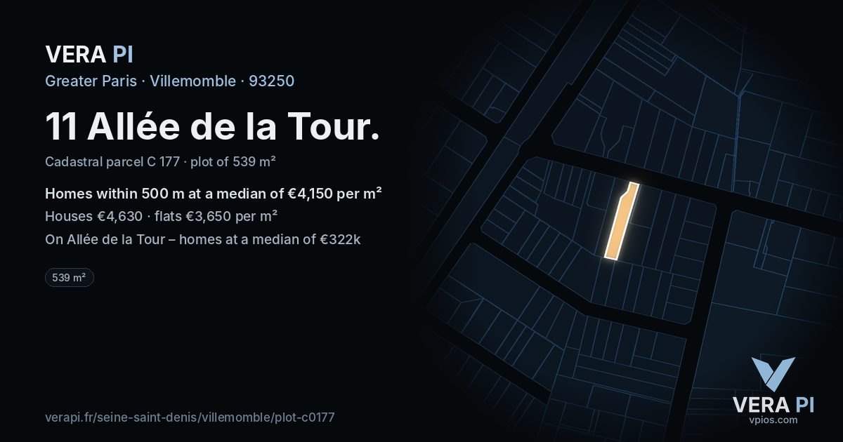11 Allée de la Tour, Villemomble at night – the plot lit, the parcels around coloured by the prices near them