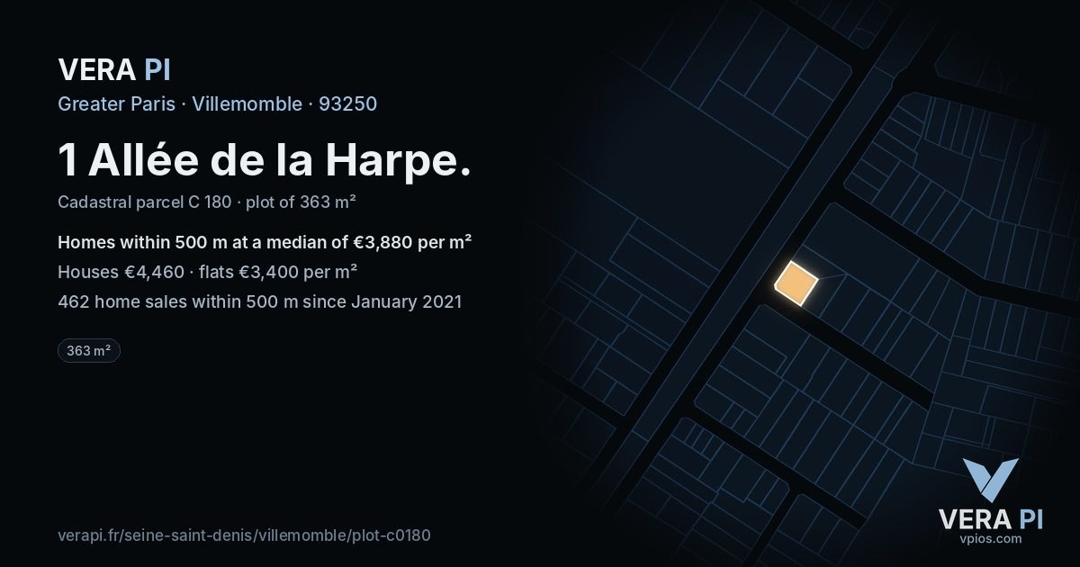 1 Allée de la Harpe, Villemomble at night – the plot lit, the parcels around coloured by the prices near them