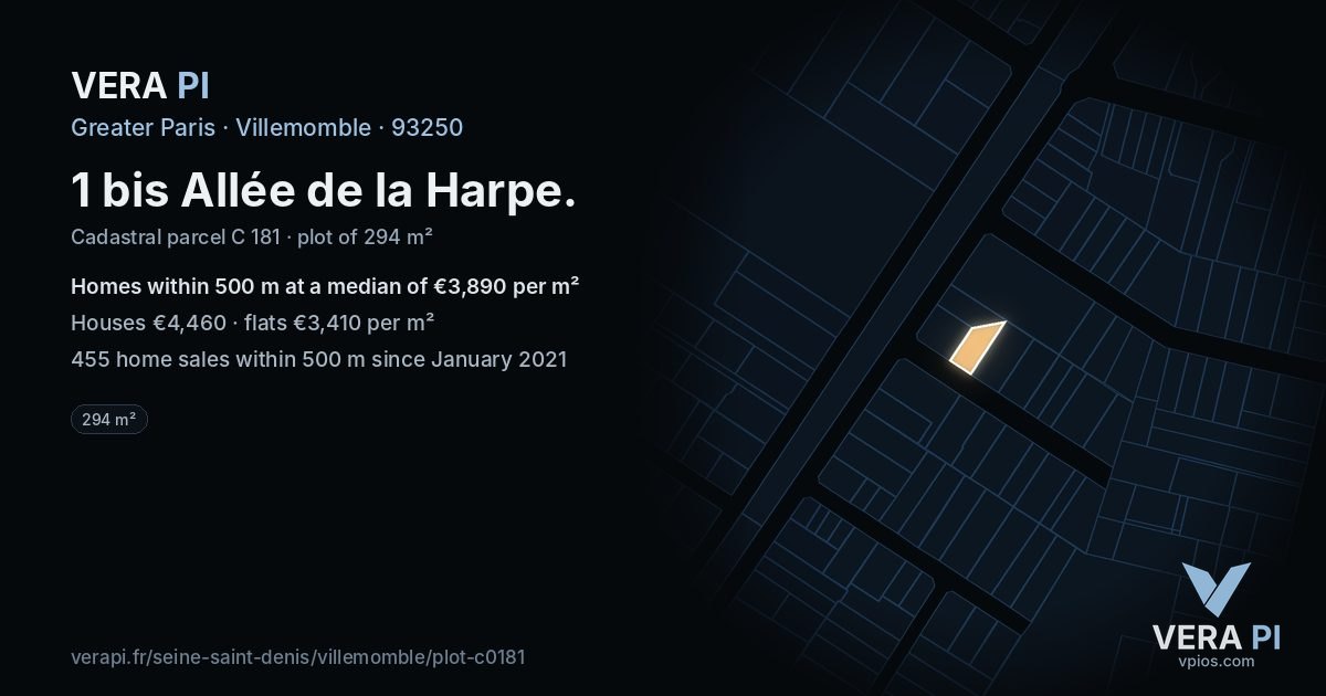 1 bis Allée de la Harpe, Villemomble at night – the plot lit, the parcels around coloured by the prices near them