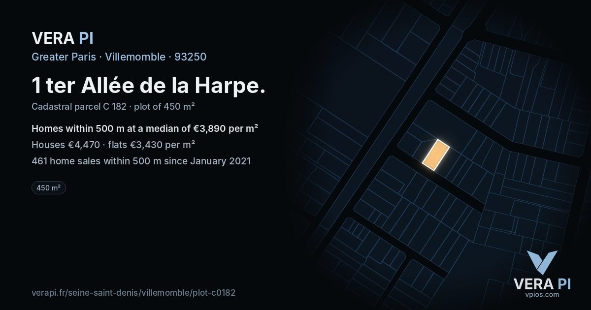 1 ter Allée de la Harpe, Villemomble at night – the plot lit, the parcels around coloured by the prices near them
