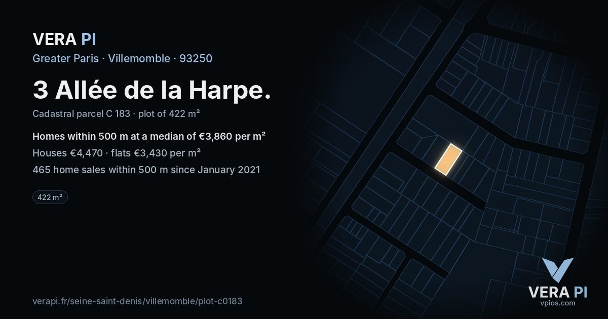 3 Allée de la Harpe, Villemomble at night – the plot lit, the parcels around coloured by the prices near them